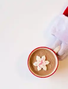 mug of chocolate drink with snowflake shaped cookie on top held by a person in santa suit